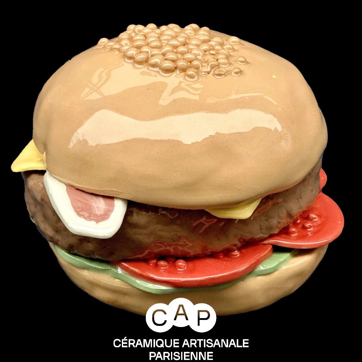 Bacon Cheese Burger #6 en faïence, fabriqué à la main à Paris. 12 cm x 10 cm