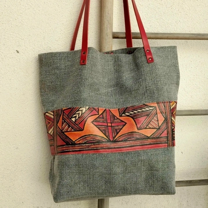 Sac Adagh- Grand sac en lin et cuir style cabas touareg