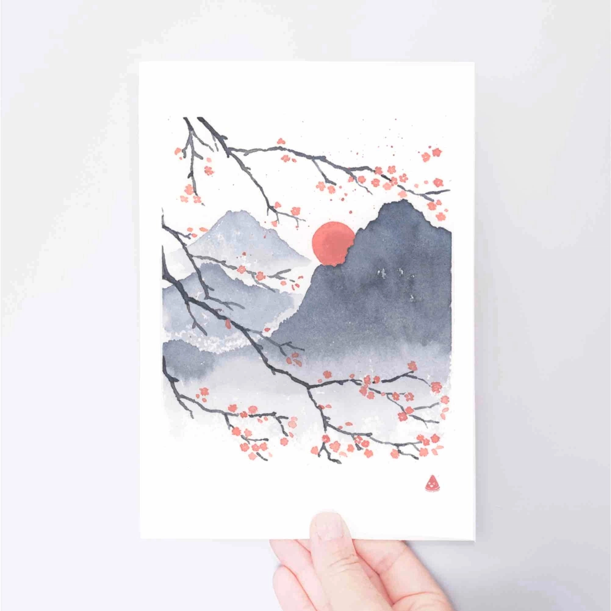 Carte illustrée Coucher de soleil sur les montagnes