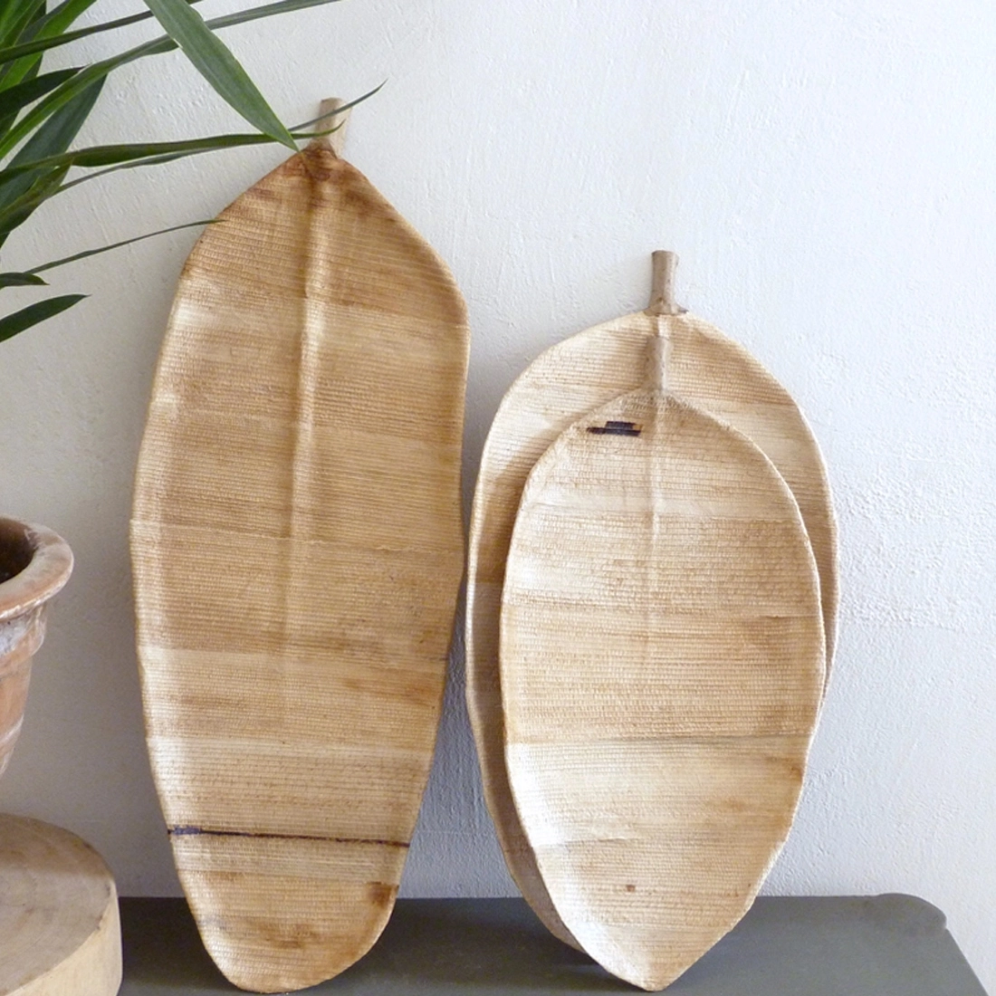 Ces plats sont réalisés par des artisans en Asie à partir de papier mâché de feuilles et tronc de bananier.
Ils ne peuvent contenir que des éléments secs.
Matière : Feuilles et tronc de bananier
Couleur : Naturelle, la teinte peut varier en fonction des feuilles utilisées.
Dimensions / Prix :
Taille S
Dimensions : 47 cm x 24 cm
Taille M
Dimensions : 53 cm x 29 cm
Taille L
Dimensions : 65 cm x 24 cm