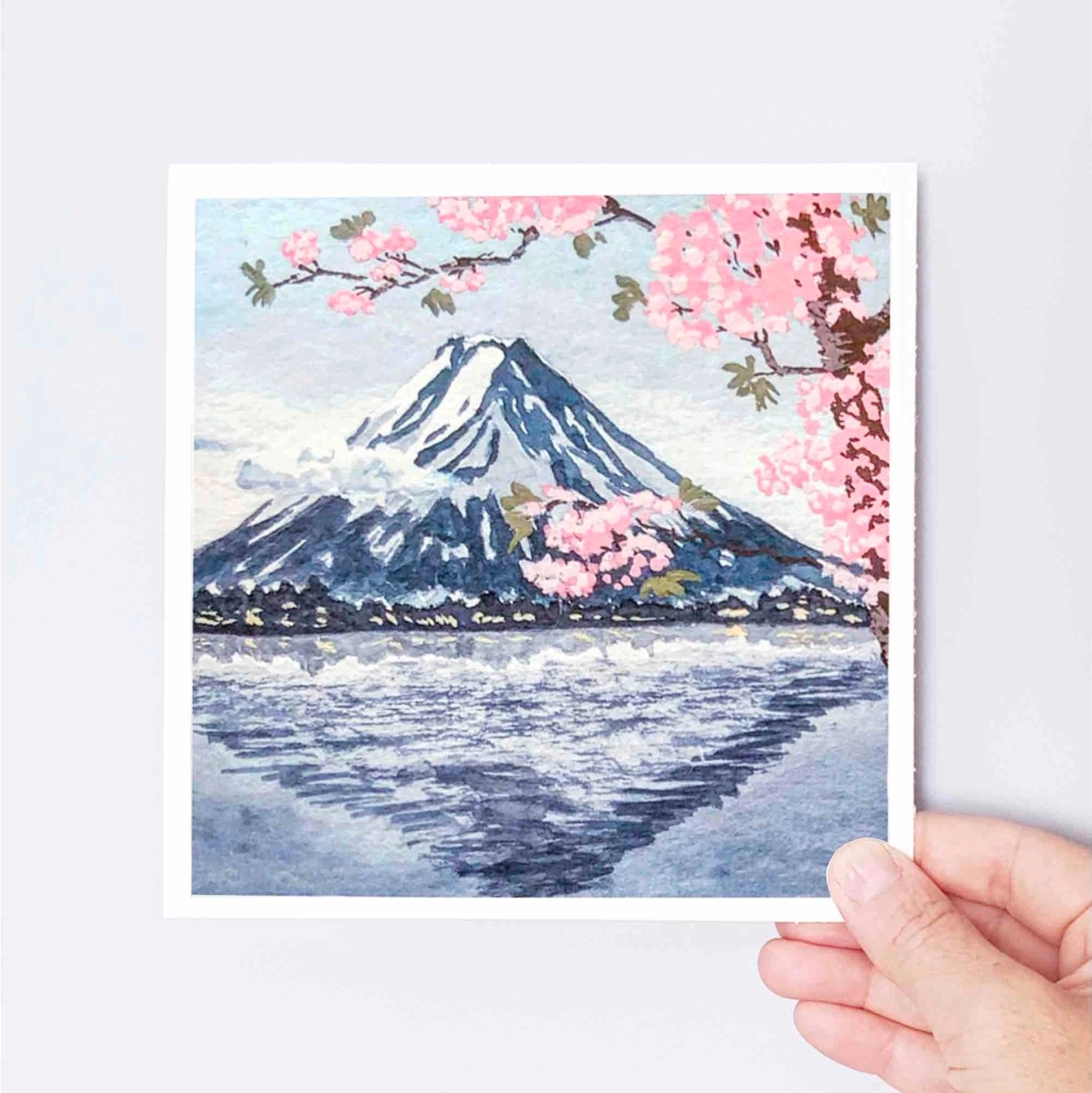 Illustration aquarelle Mont Fuji et lac Kawaguchi