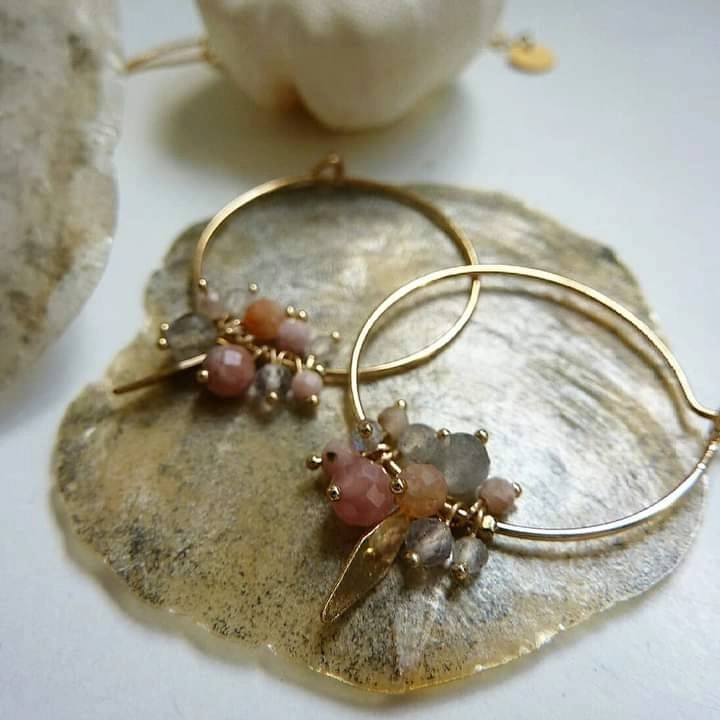 Créoles en acier inoxydable, labradorites et rhodochrosytes