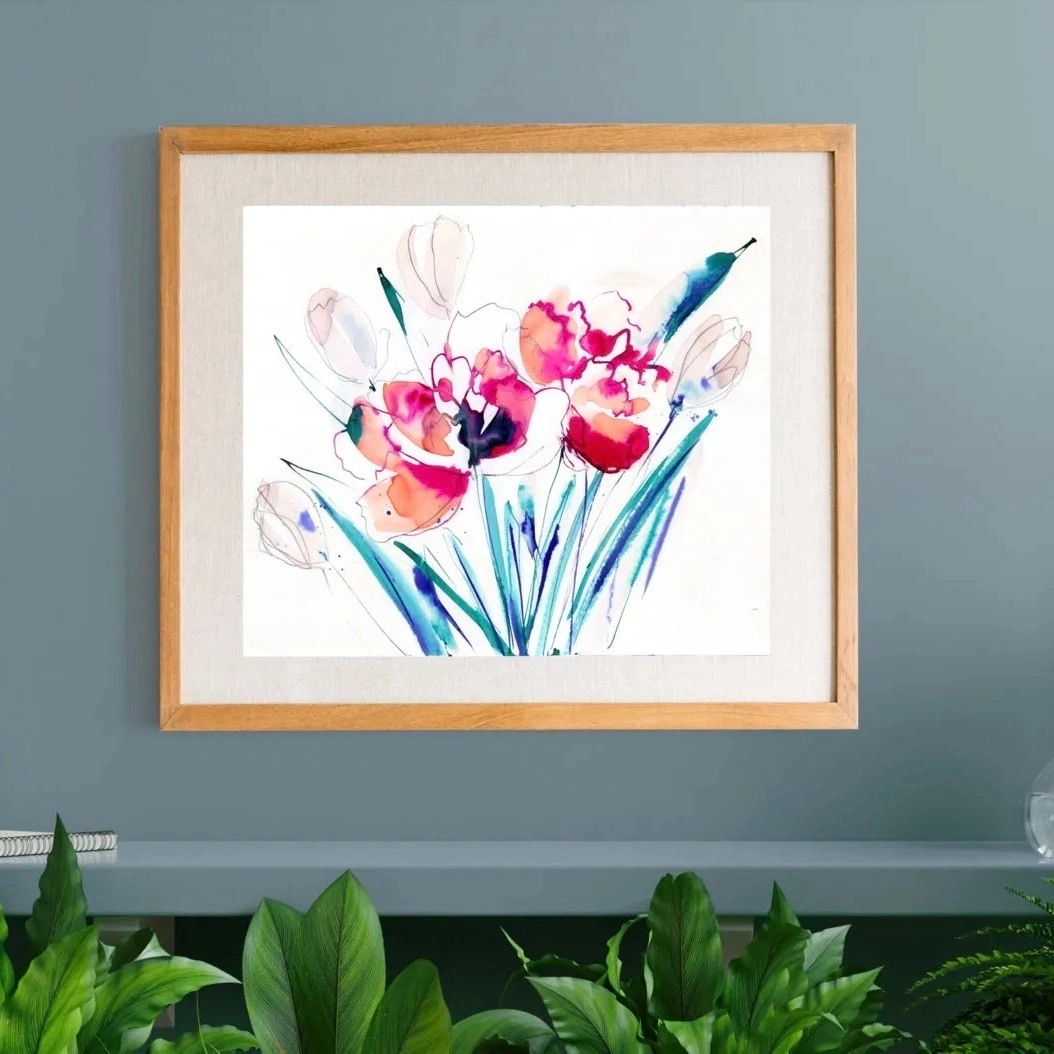 Illustration colorée de tulipes fait main à l’encre au pinceau et plume sur papier aquarelle 300g, format 35×30 cm.
Vendue non encadrée