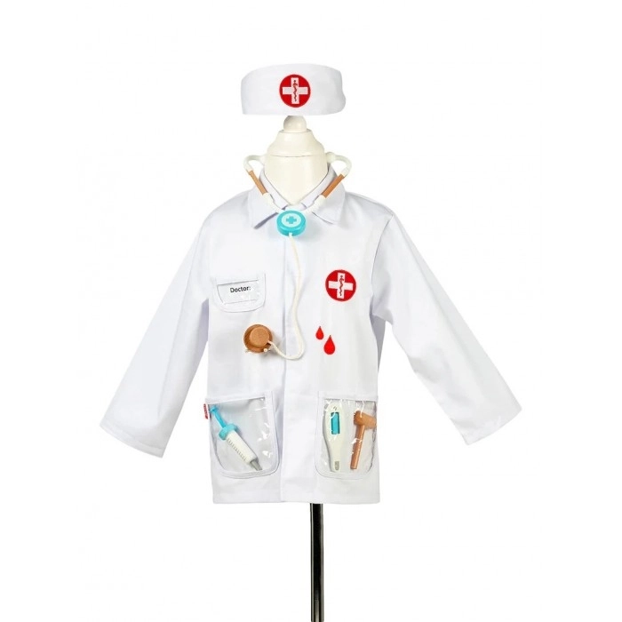 La veste de médecin a des poches transparentes, ce qui vous permet d'attraper immédiatement vos outils de médecin et d'aider votre patient. Cet ensemble comprend un bandeau confortable avec un élastique à l'arrière. Et des accessoires en bois comme un stéthoscope, un thermomètre, un injecteur et un marteau. La longueur de la veste est de 50 cm. Qualité 100% coton sergé avec éléments brodés. Souza. 4-7 ans.