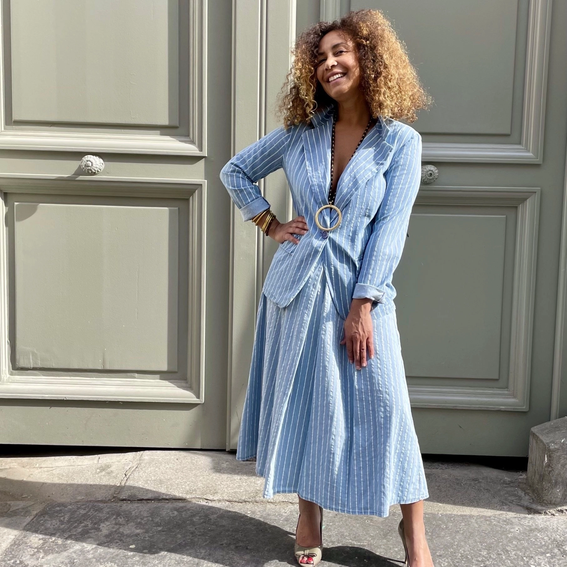 Jupe longue chambray à rayures, en coton de la marque Johanna Paris.