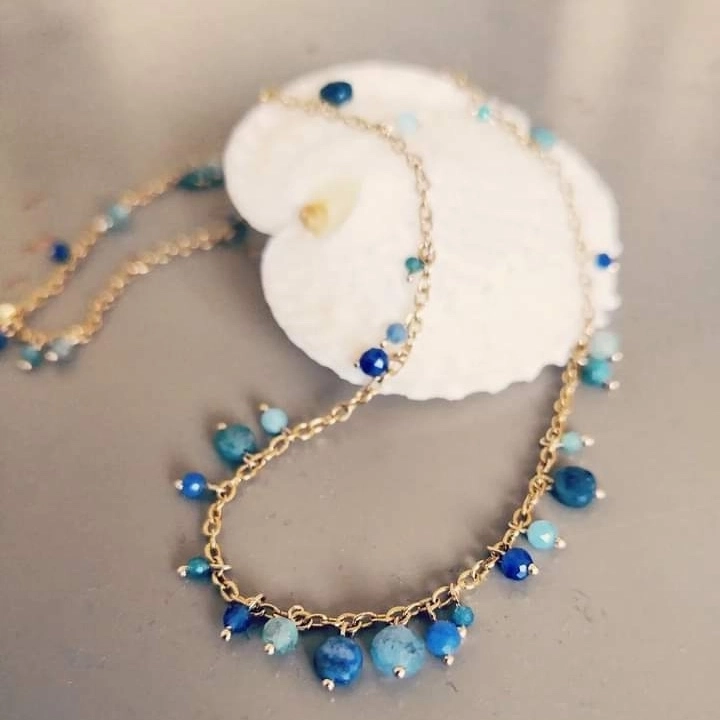 Collier en acier inoxydable. sodalith et amazonites