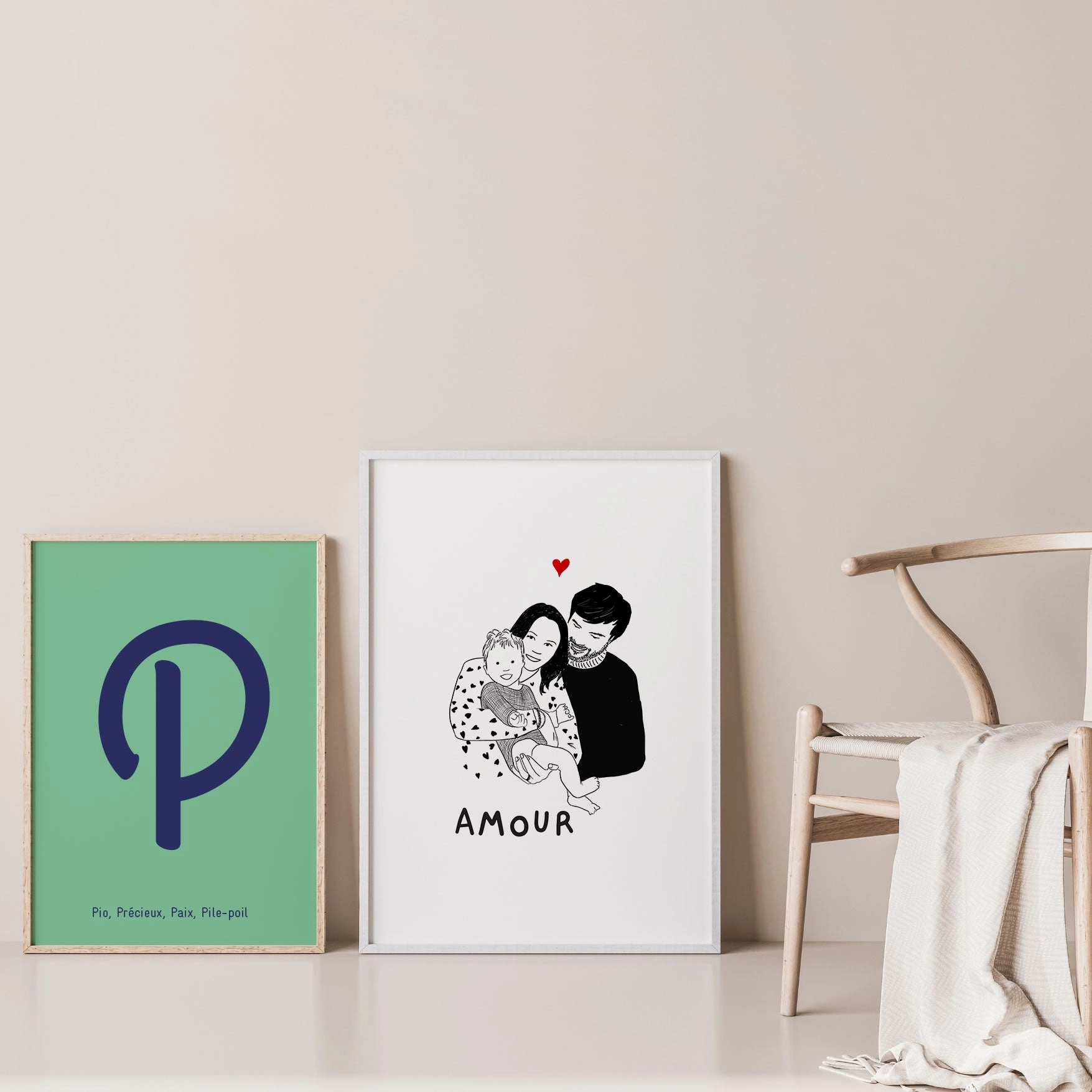 Portrait de famille encadré dessiné par Lauriane