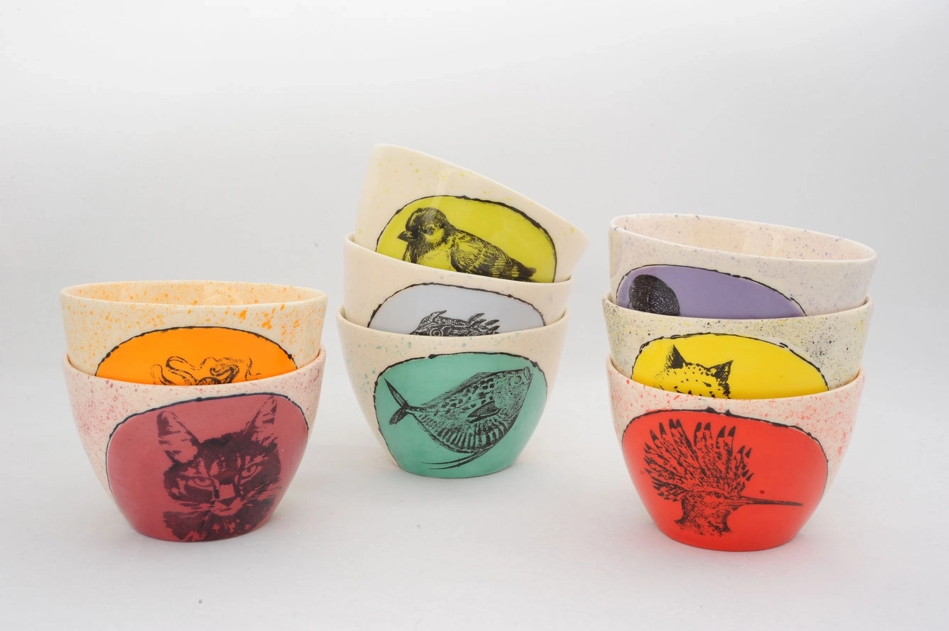 Cette série de bols en céramique allie couleurs vives et illustrations délicates d'animaux.
Les fonds colorés — rouge, orange, jaune, vert, violet — mettent en valeur chaque dessin avec poésie et modernité.