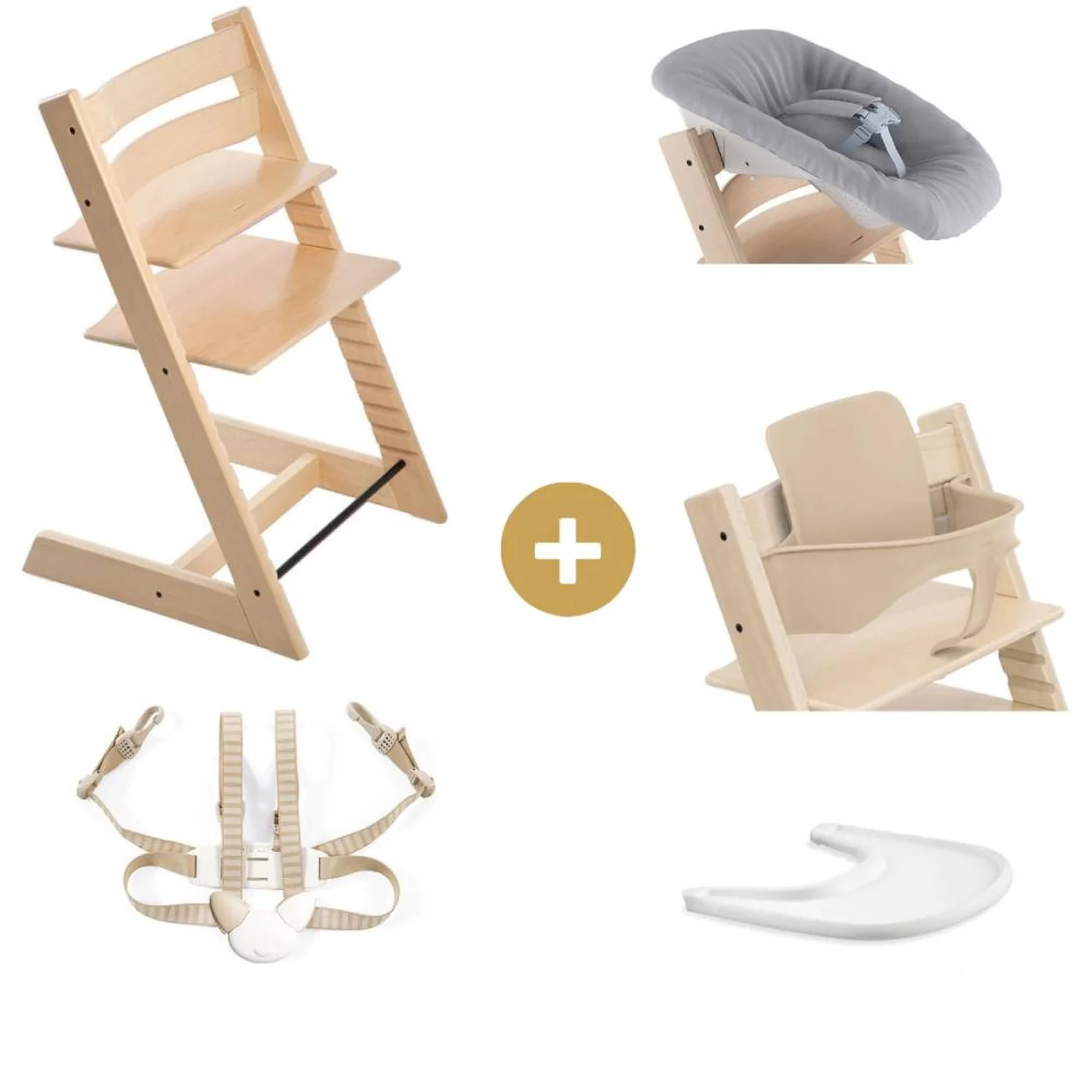 Pack complet Chaise haute Tripp Trapp Naturel + Newborn set + Tablette (harnais et baby set offert)- STOKKE