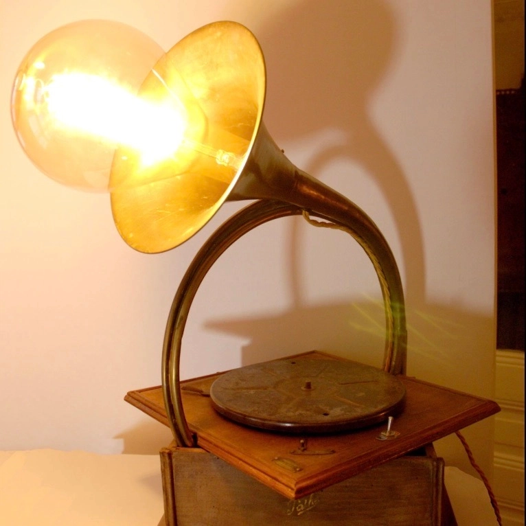 Lampe Gramophôde.
Recyclés, ces objets devenus lampes trouvent un second souffle pour mettre en lumière notre présent.