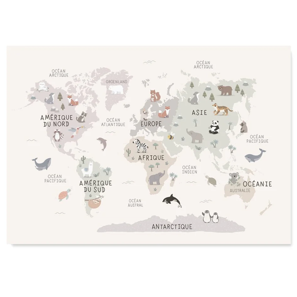 Zü-Boutique - Affiche carte du monde animaux