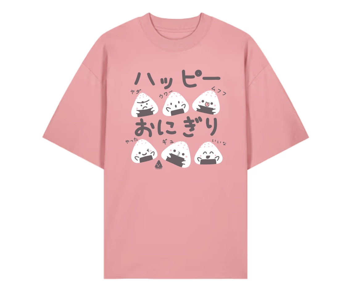 T-shirt oversize unisexe rose Les visages de l’Onigiri