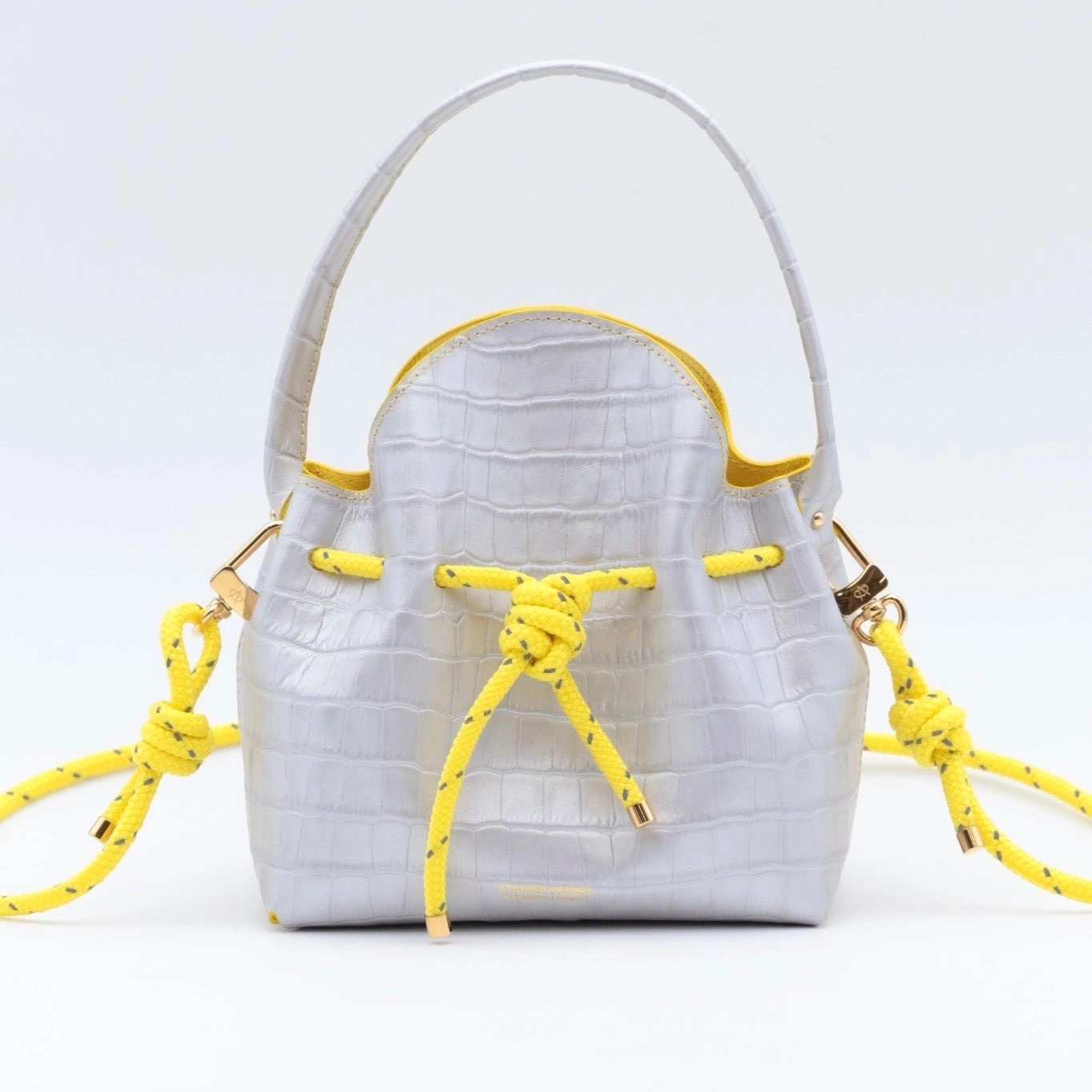 Mini Sac Seau Cuir - MINI BUCKET - Croc Silver Jaune