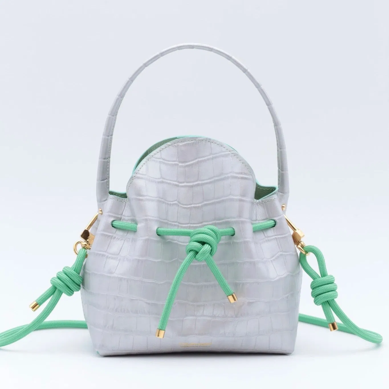 Mini Sac Seau Cuir - MINI BUCKET - Croc Silver Vert