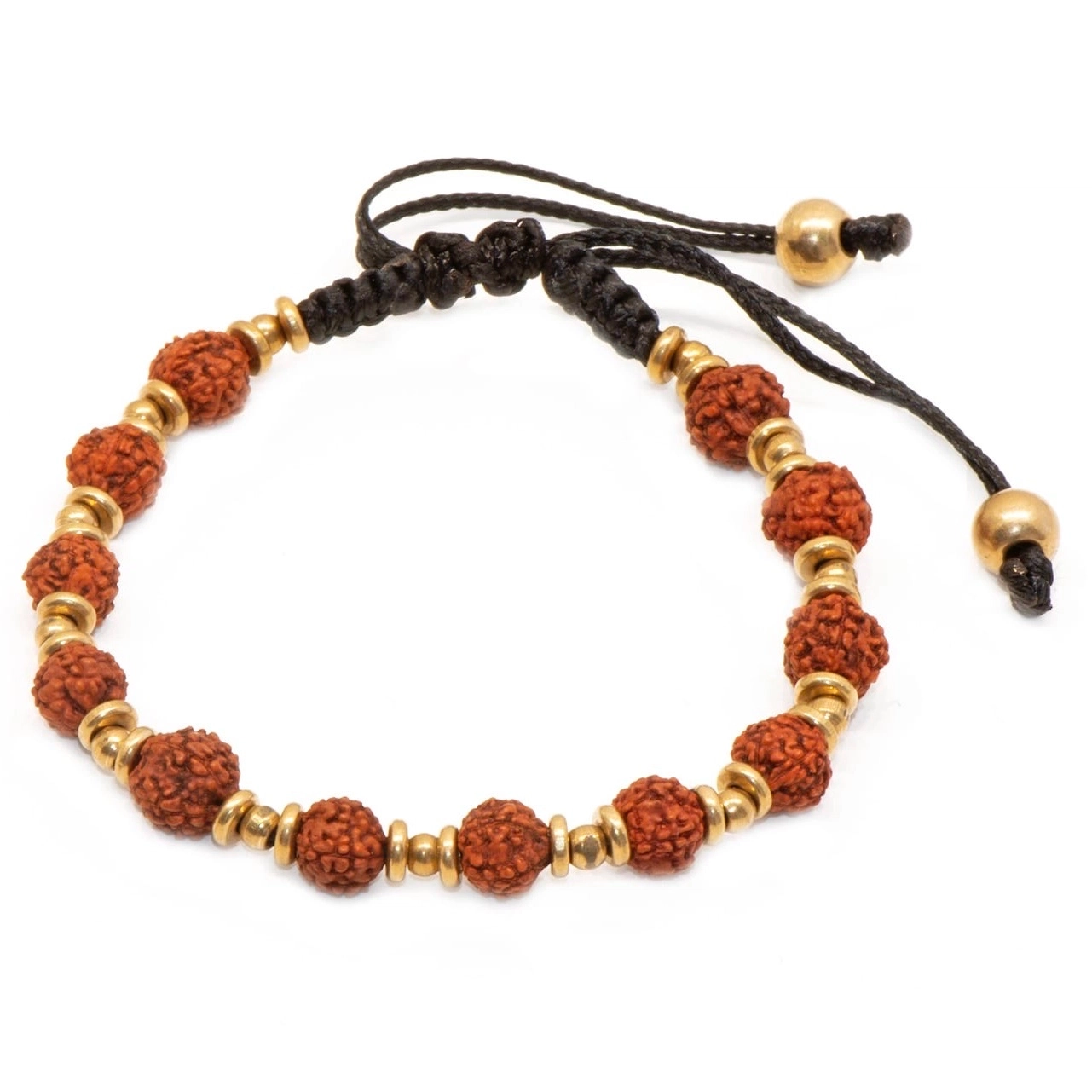 Bracelet ajustable en laiton doré et en graines de rudrashka de la jolie marque française Nataraj.