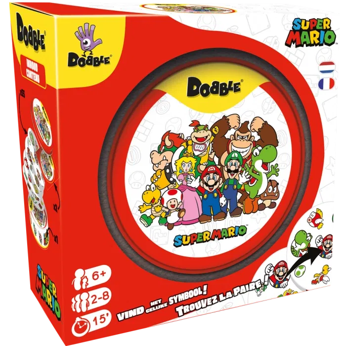Dobble au Royaume Champignon ! Une édition indispensable pour les fans du célèbre plombier de Nintendo.
Dobble est un jeu qui teste votre rapidité et votre sens de l’observation. Le concept est aussi simple que génial : entre toutes les cartes présentes, il n’y a qu’un symbole identique ! Le but est simple : être le premier à le trouver pour gagner le duel. Comme dans tous les autres jeux Dobble, cette petite boîte propose plusieurs règles, pour plusieurs jeux et donc des heures de fun.
Plongez dans l’univers de Nintendo, gardez l’œil ouvert et soyez le ou la plus rapide, en famille ou entre amis !