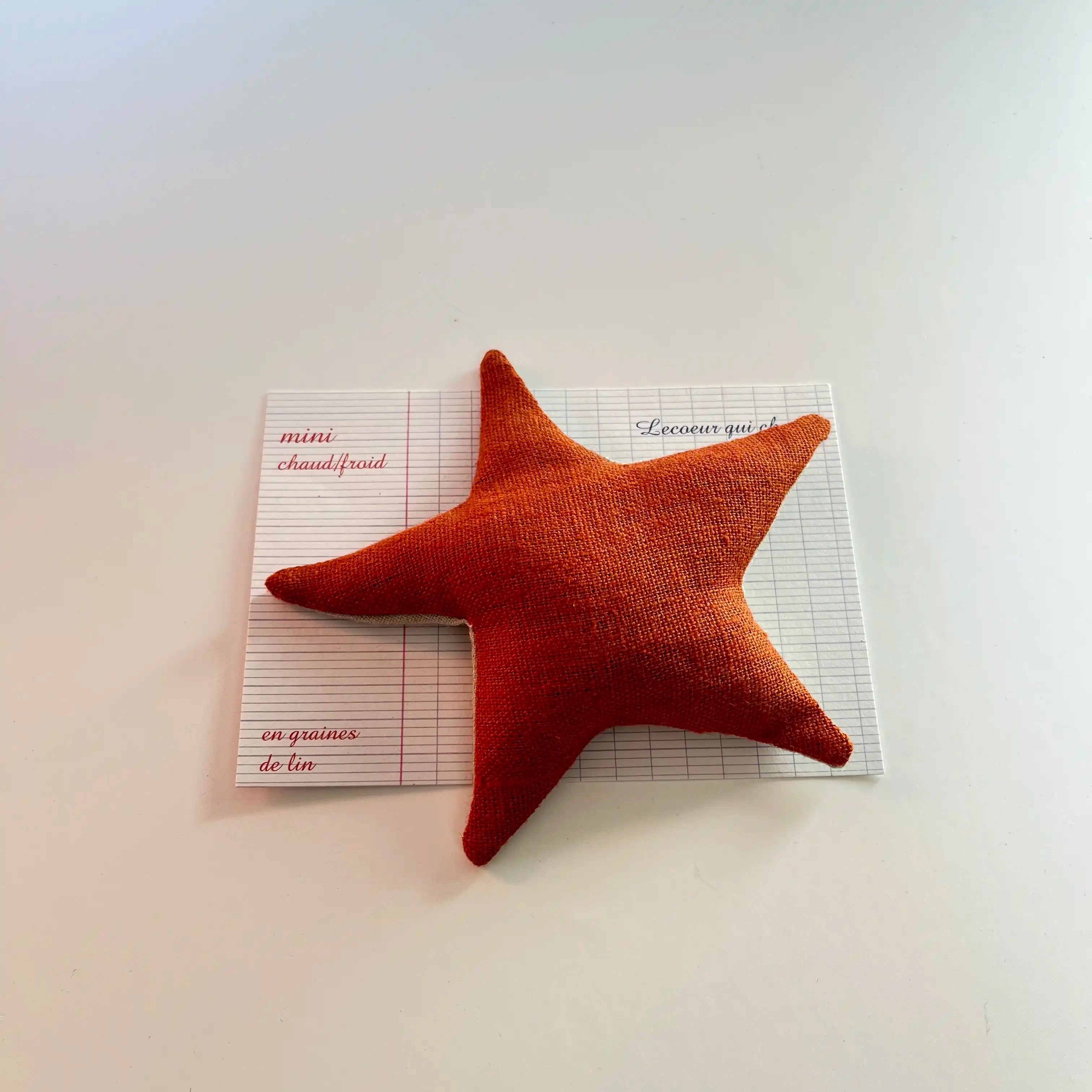 Étoile en lin garnie de graines de lin , petite bouillotte ou poche de froid selon l’utilisation