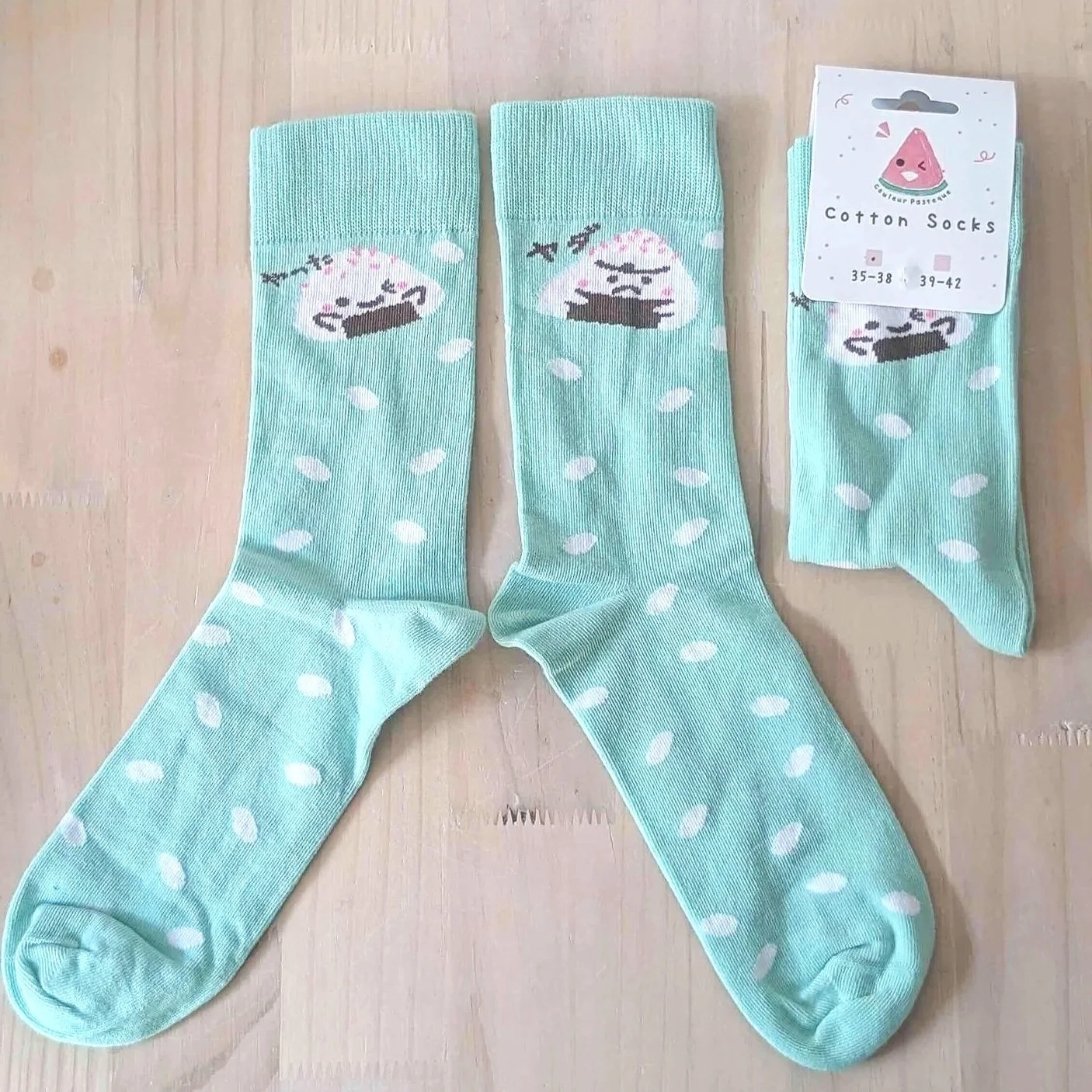 Chaussettes en coton Onigiri vertes 2 faces
