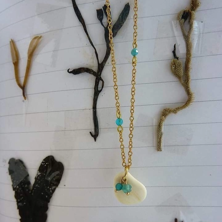 Collier en acier inoxydable. Pétale de coquillage et apatites